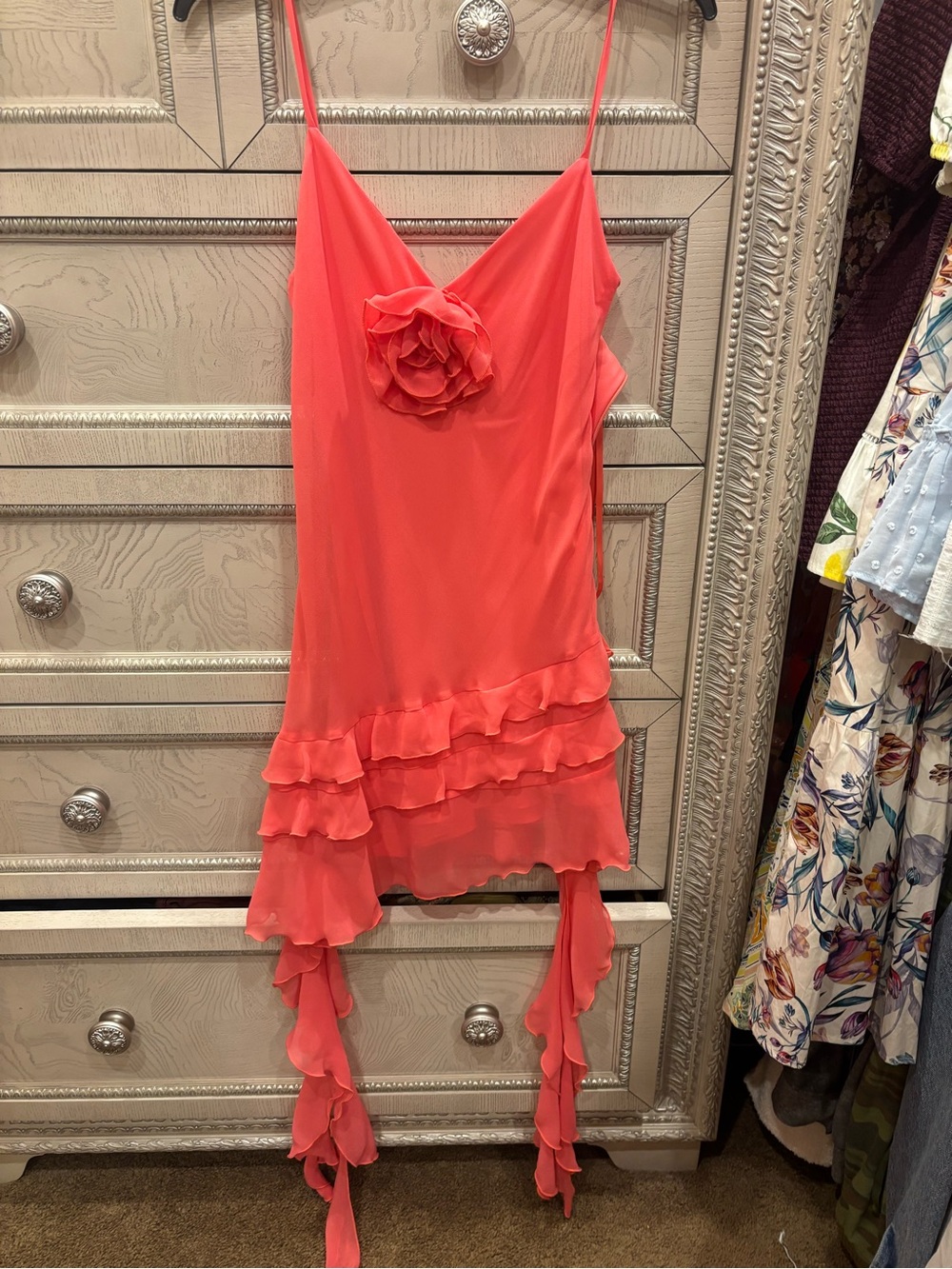 Gianni Bini Coral Pink Spaghetti Strap Dress with Side Bow
